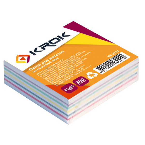 Блок паперу для нотаток 85х85мм 300 арк не клеєний, Мікс Krok